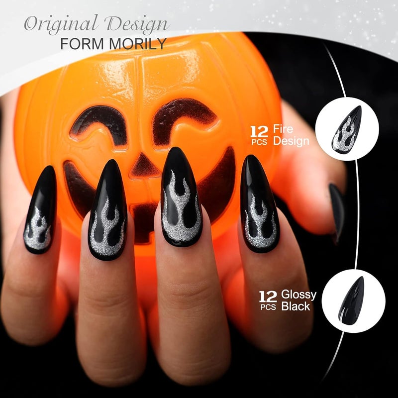 morily Black Press on Stiletto Nails Medium Length Glossy Fake Nails with Fire Pattern Design Acrylic Stick on Nails Long Full Cover Artificial False Nails Manicure for Women (Black Flame) - Image 3
